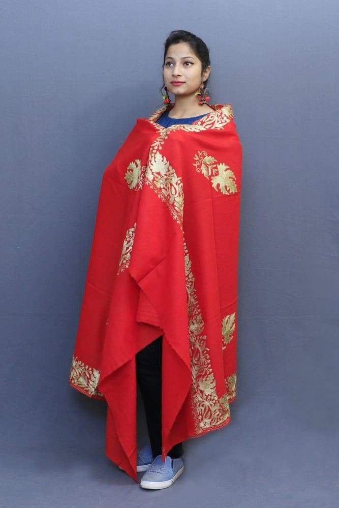 Flawless Red Color Kashmiri Tilla Work Embroidered Shawls