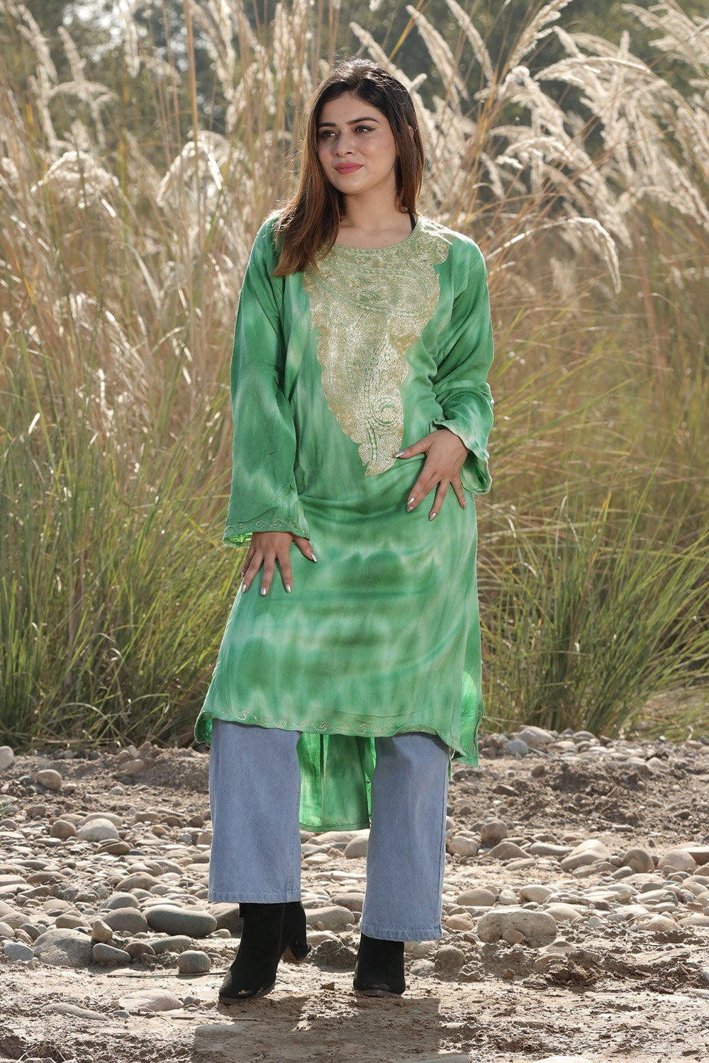FOREST GREEN COLOUR TIE-DYE Aari Tilla Work Embroidered