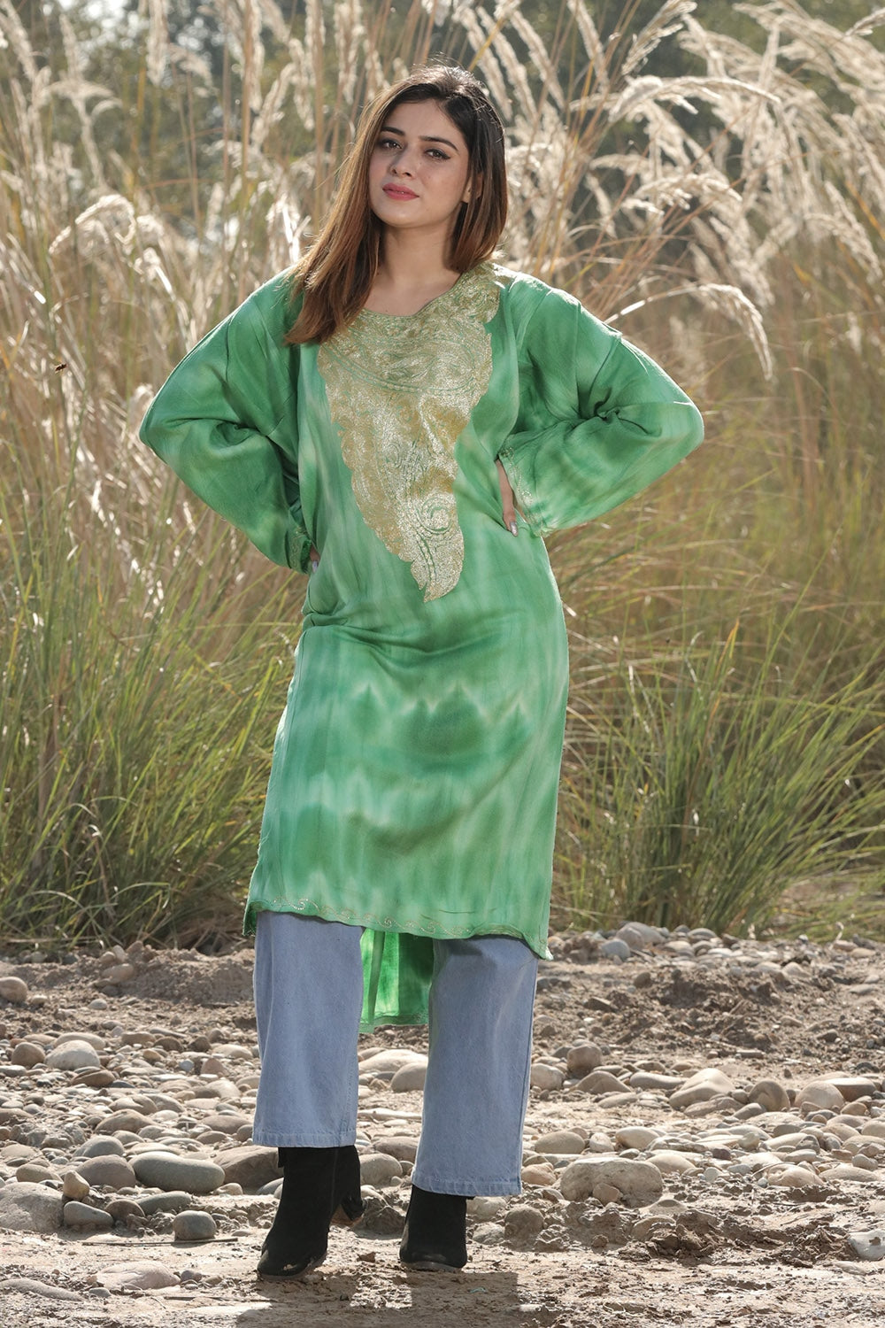 FOREST GREEN COLOUR TIE-DYE Aari Tilla Work Embroidered