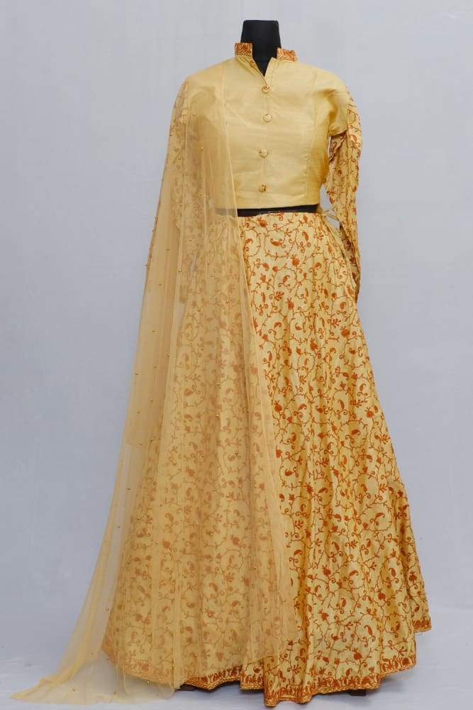 Golden Color Kashmiri Embroidered Skirt With Crop Top