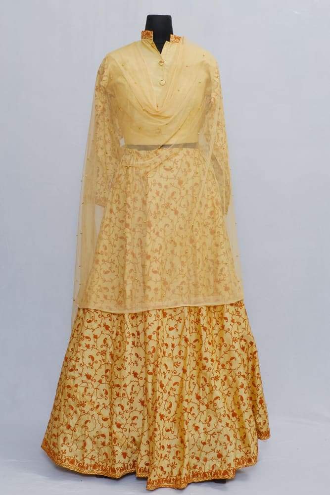 Golden Color Kashmiri Embroidered Skirt With Crop Top