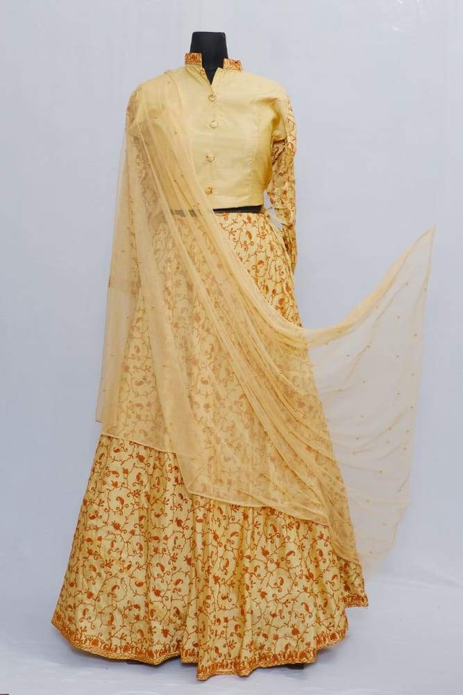 Golden Color Kashmiri Embroidered Skirt With Crop Top