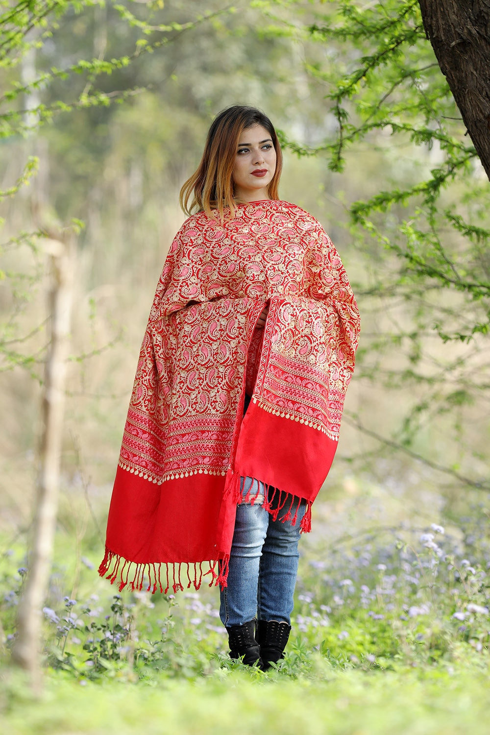 Gorgeous Red Colour Stole With Graceful Dense Jaal Pattern