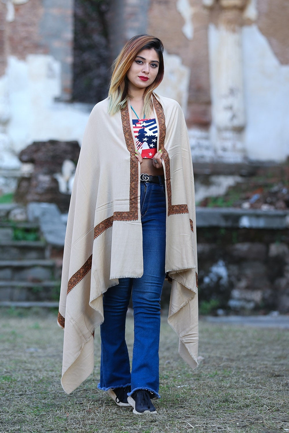Graceful Beige Colour Semi Pashmina Sozni Shawl