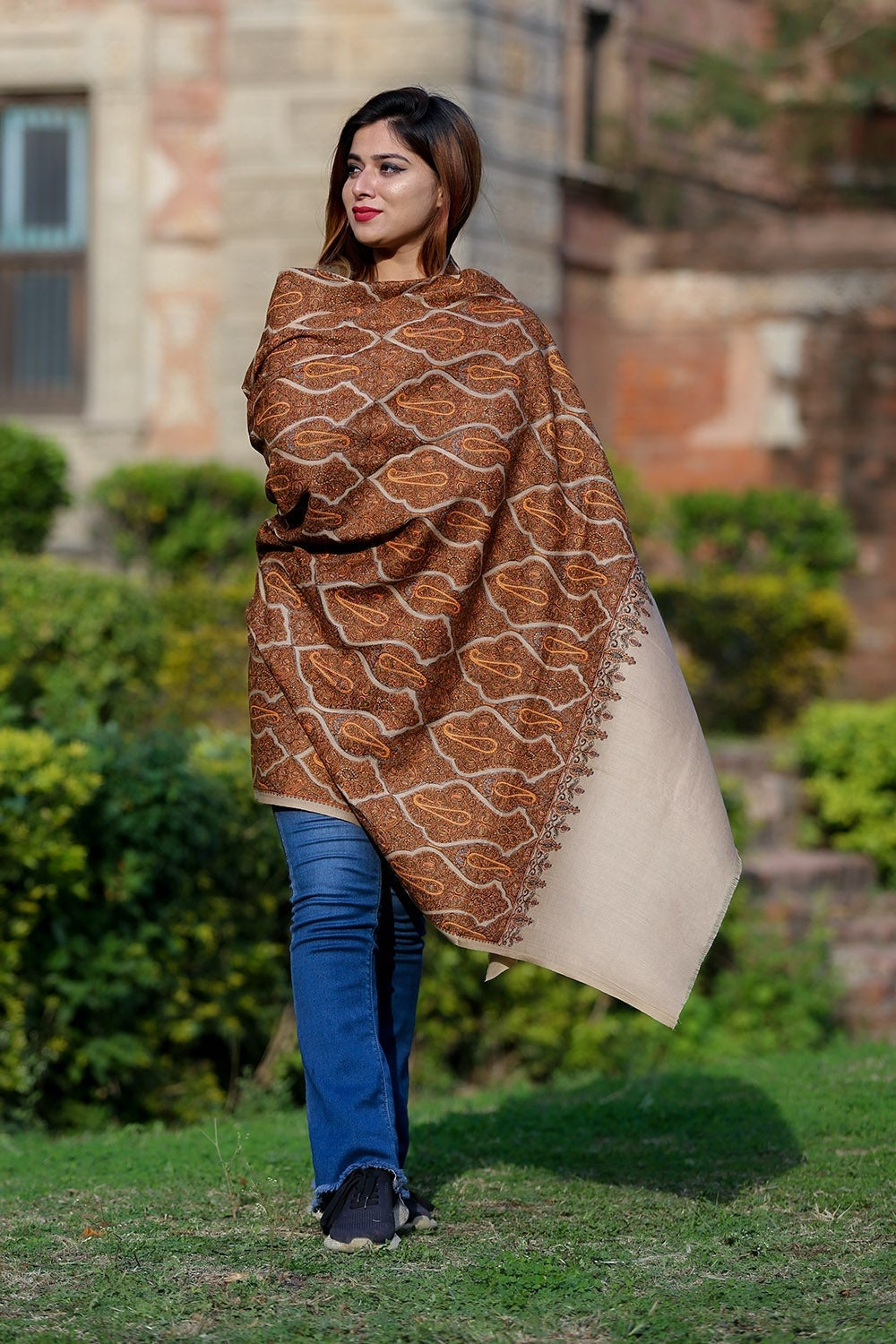 Very Graceful Steady Beige Color Embroidered Sozni Shawl