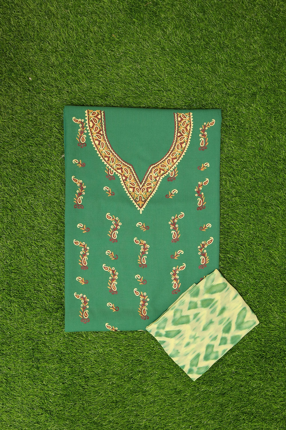 Grass Green Colour Cotton Suit With Beautiful Kashmiri