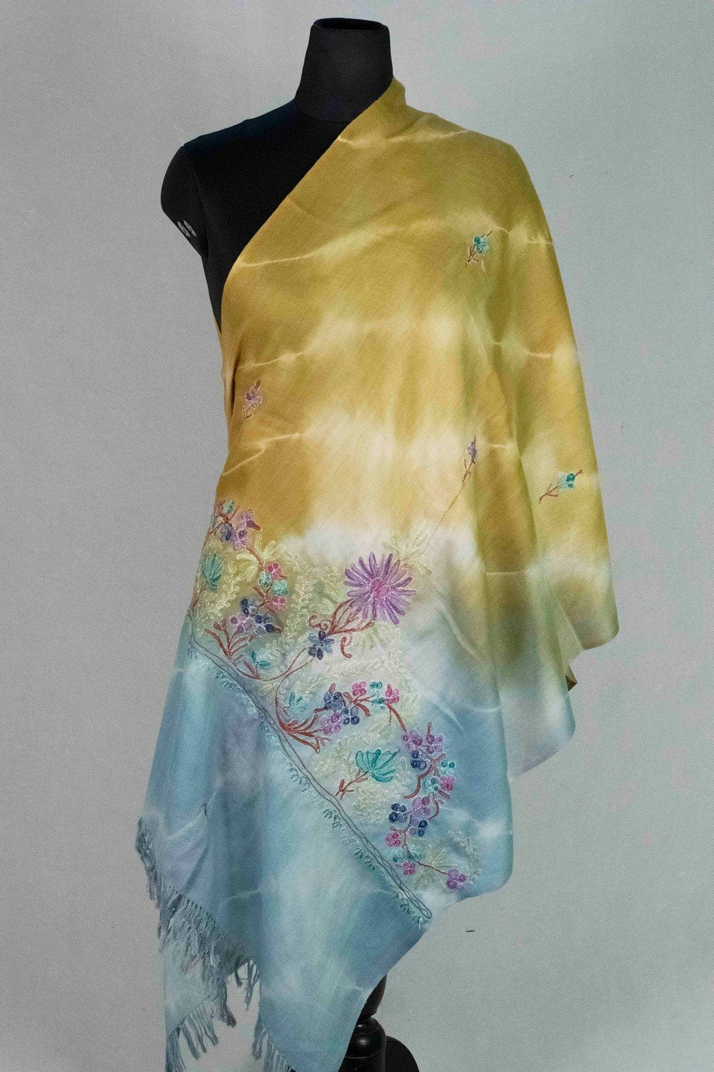 Green aqua Colour Tye Dye Stole With kashmiri Embroidery