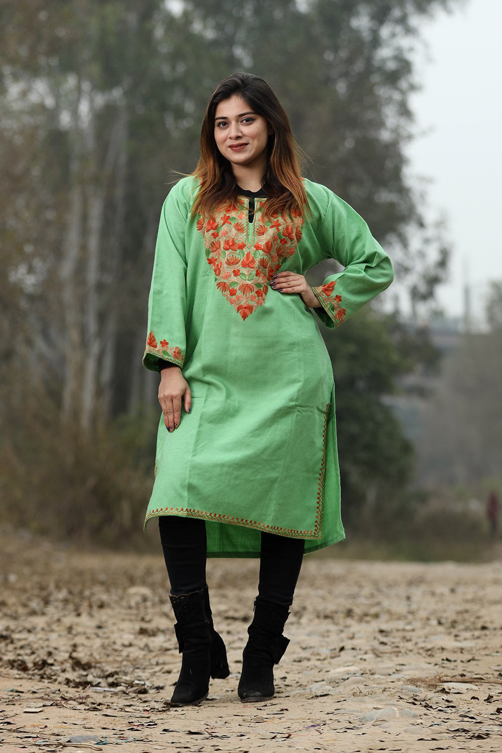 Green Color Aari Work Embroidered Kurti With New Designer
