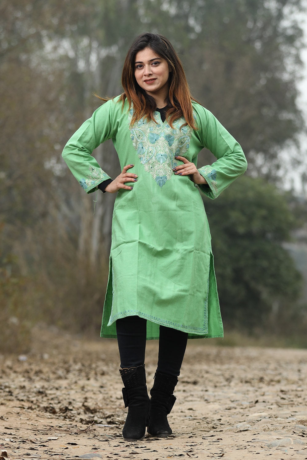 Green Color Aari Work Embroidered Kurti With New Designer