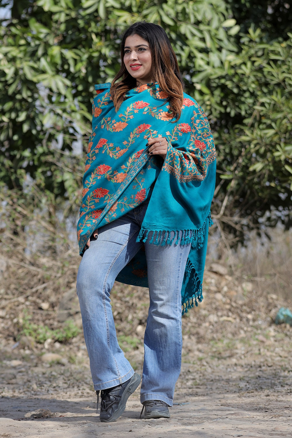Sea Green Color Aari Work Embroidered Shawl Enriched