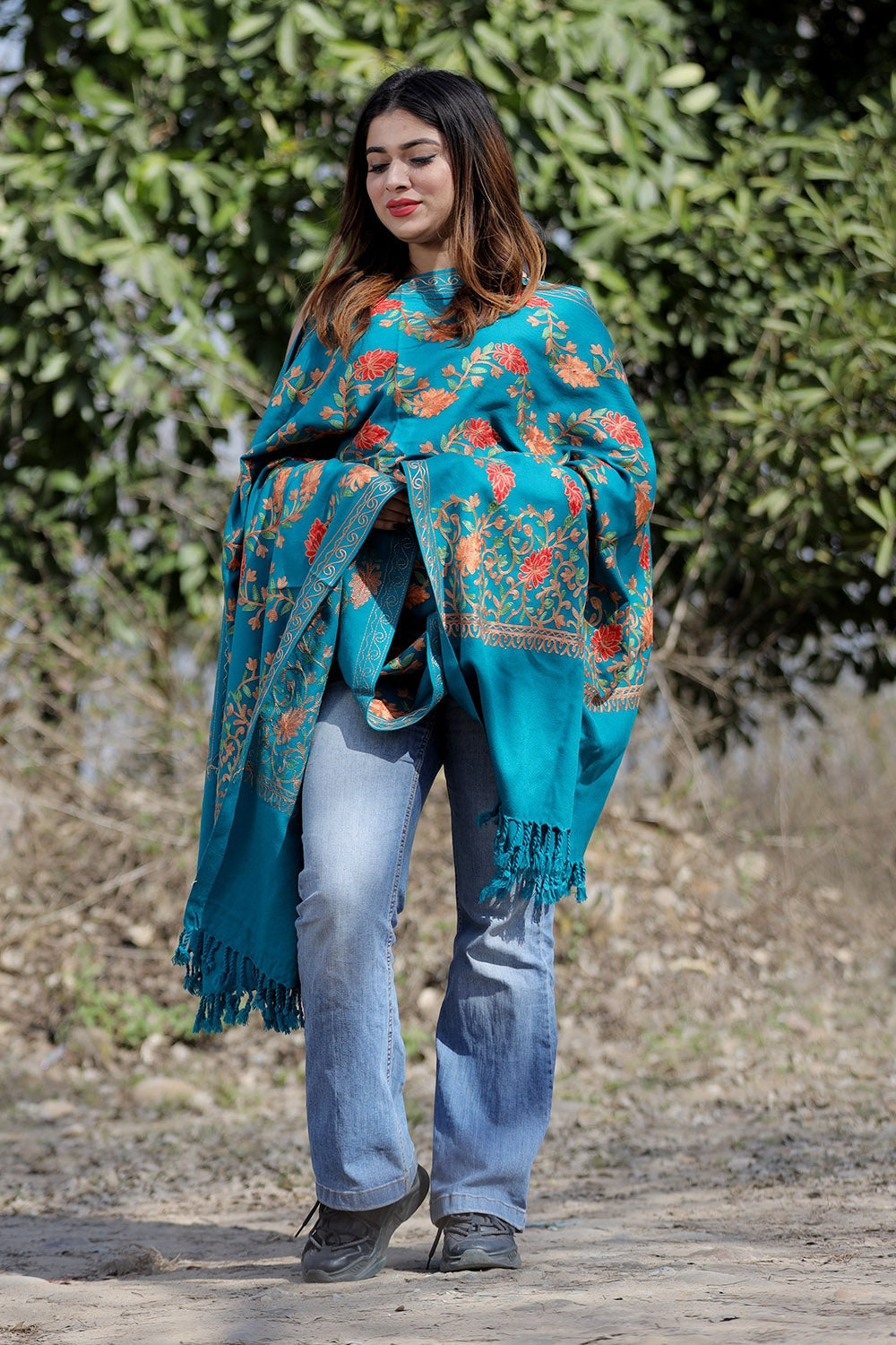 Sea Green Color Aari Work Embroidered Shawl Enriched