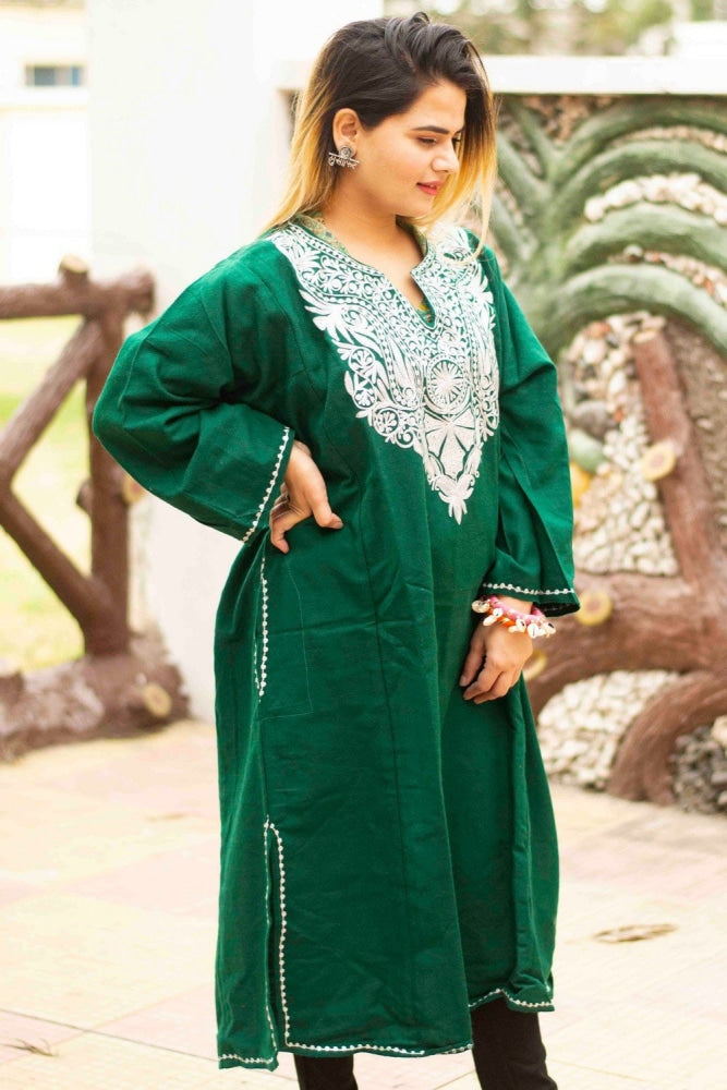 Green Color Kashmiri Zari Work Embroidered Phiran Enriched
