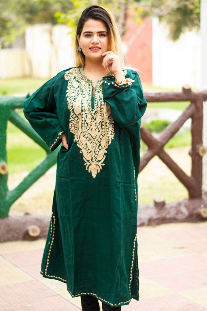 Green Color Kashmiri Zari Work Embroidered Phiran Enriched