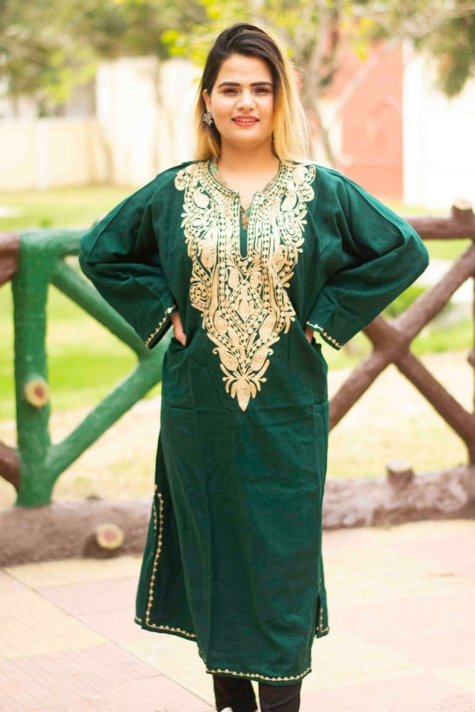 Green Color Kashmiri Zari Work Embroidered Phiran Enriched