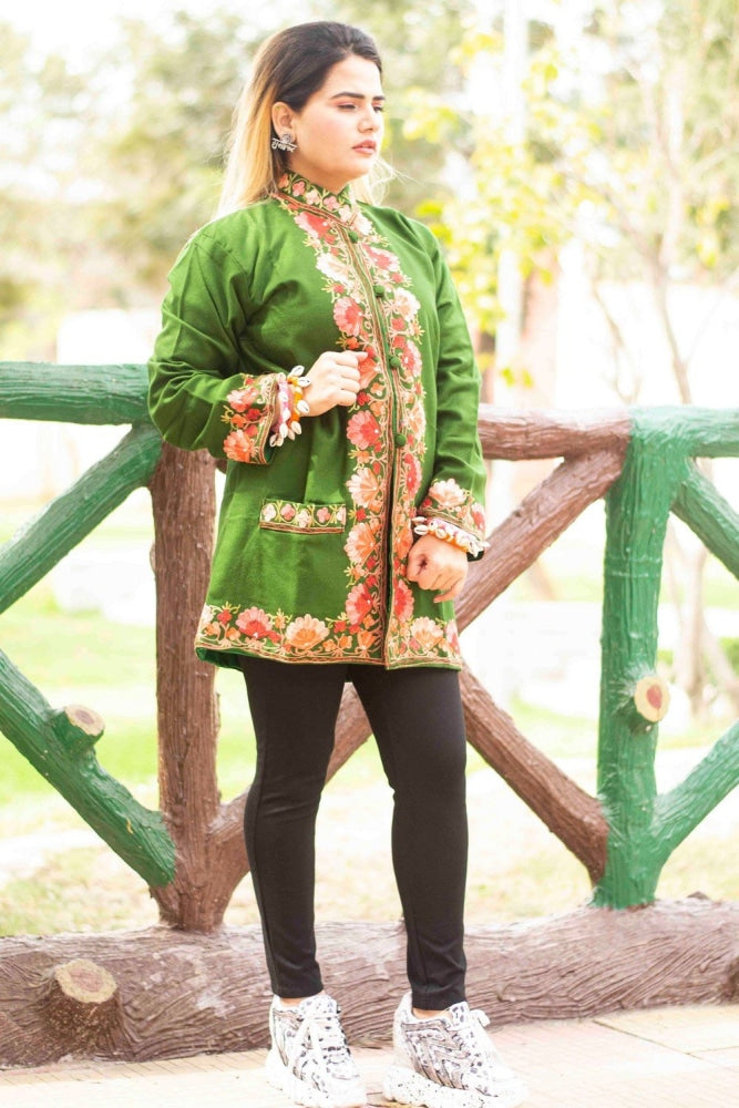 Green Colour Aari Work Embroidered Short Jacket With New