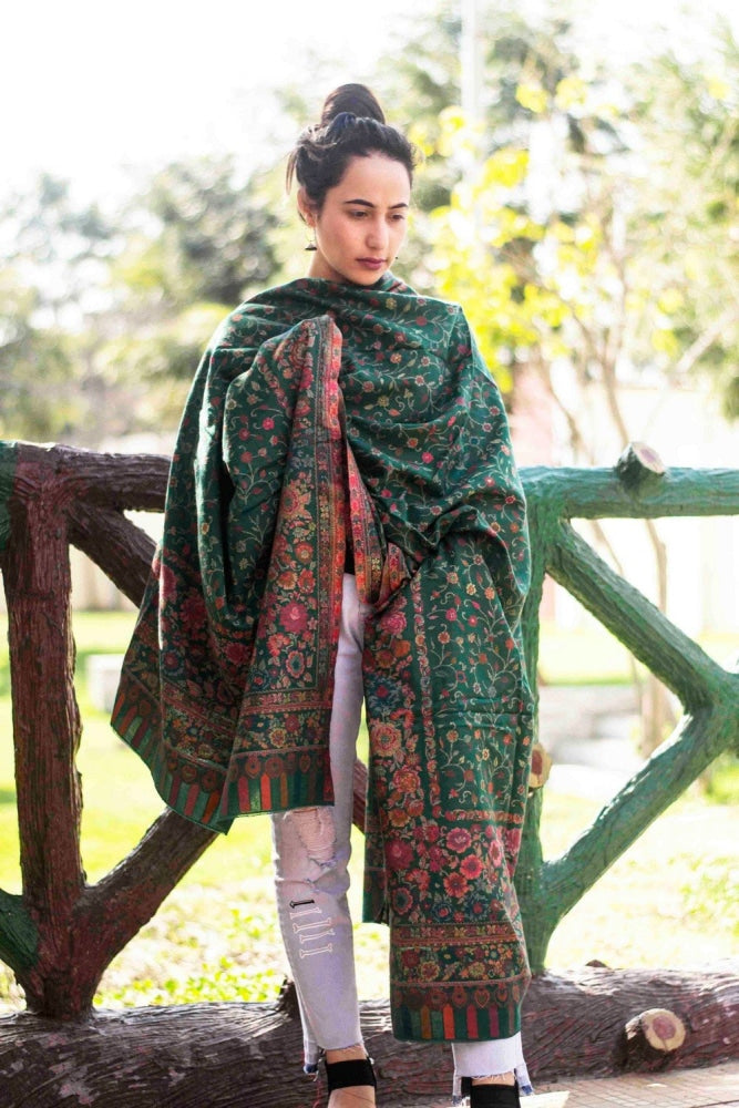 Green Colour Beautiful Kani Border And AllOver Multi color