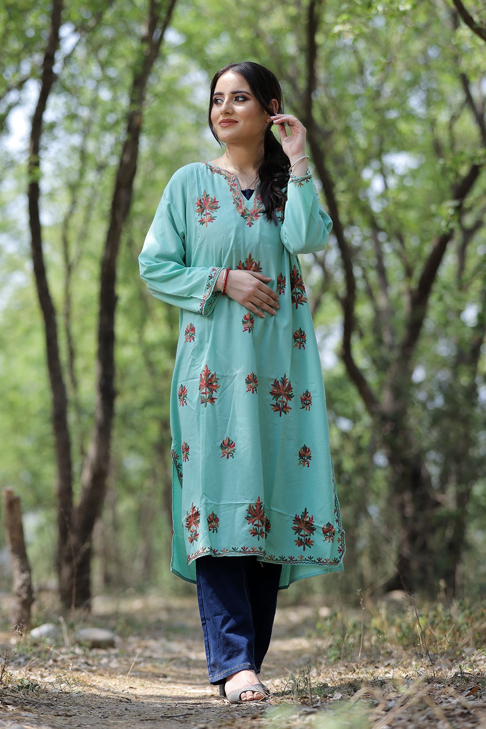 Green Colour Cotton Kurti With Kashmiri Motifs Latest