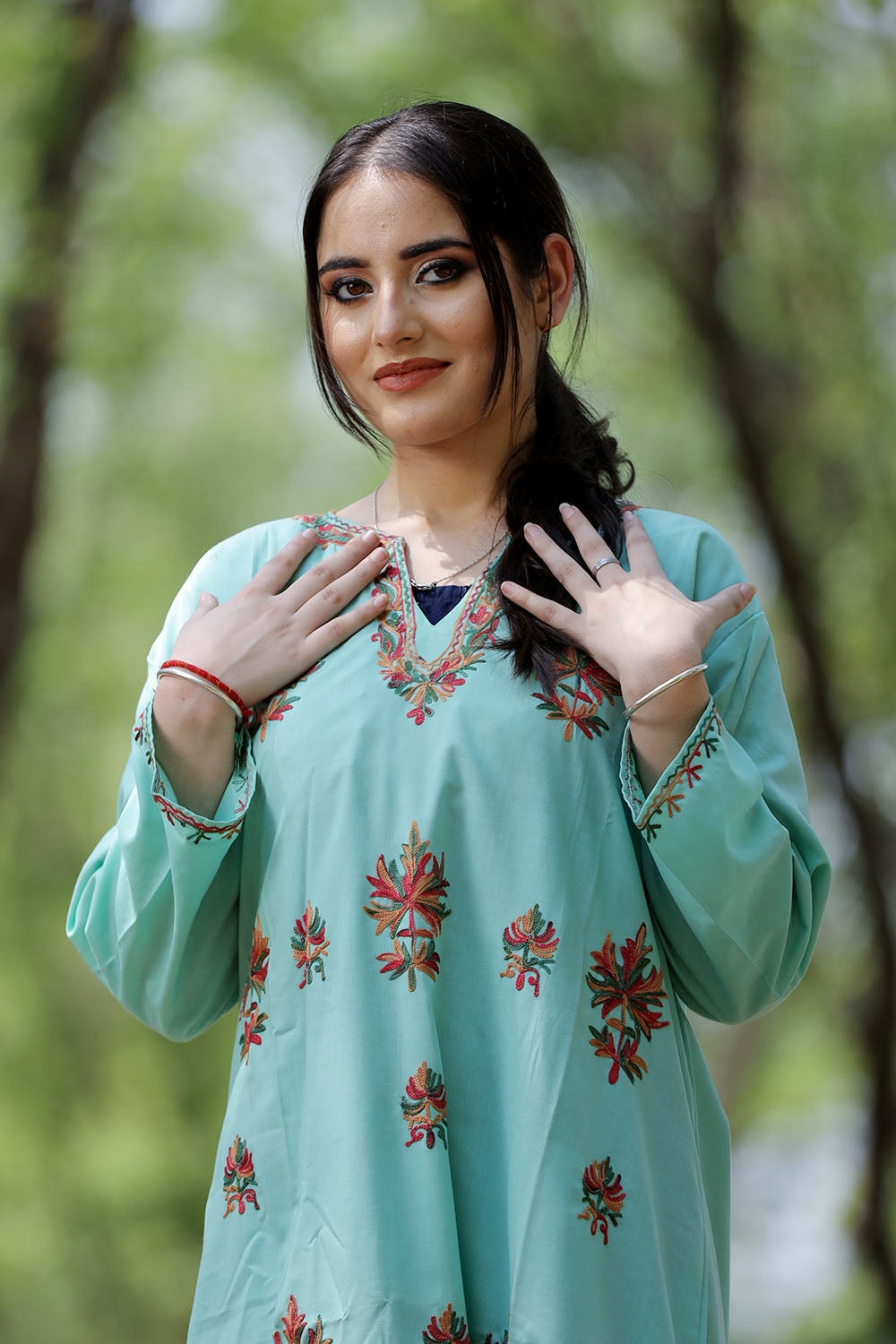 Green Colour Cotton Kurti With Kashmiri Motifs Latest