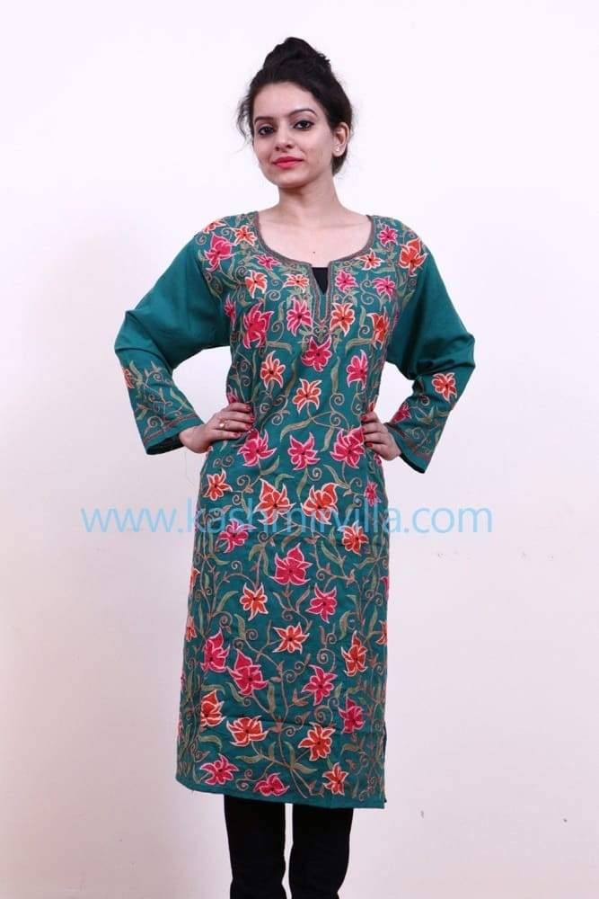 Green Colour Cotton Kurti With Multicolour Embroidered Jaal