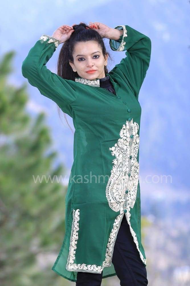 Green Colour Georgette Kashmiri Aari Work Designer Tunics