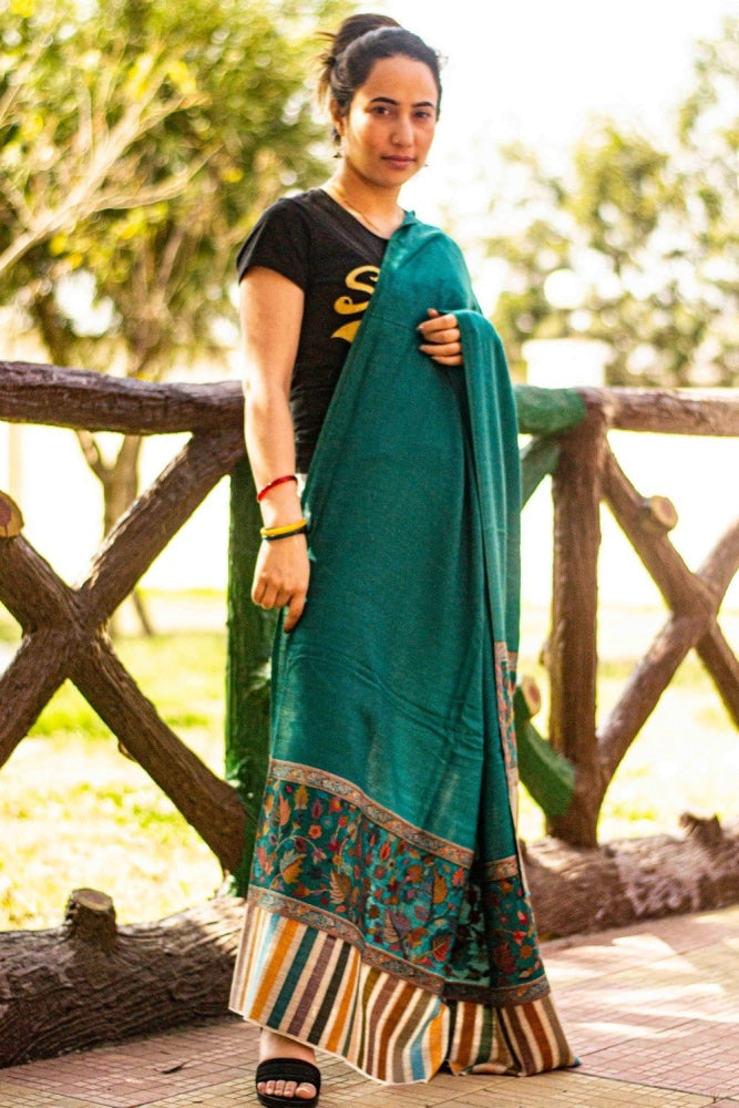 Green Colour Kani Shawl With Style Bold And Dense Border