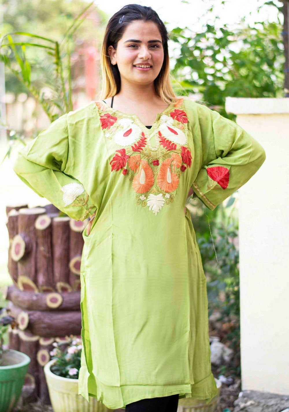 Green Colour Kashmiri Crepe Kurti With Beautiful Aari