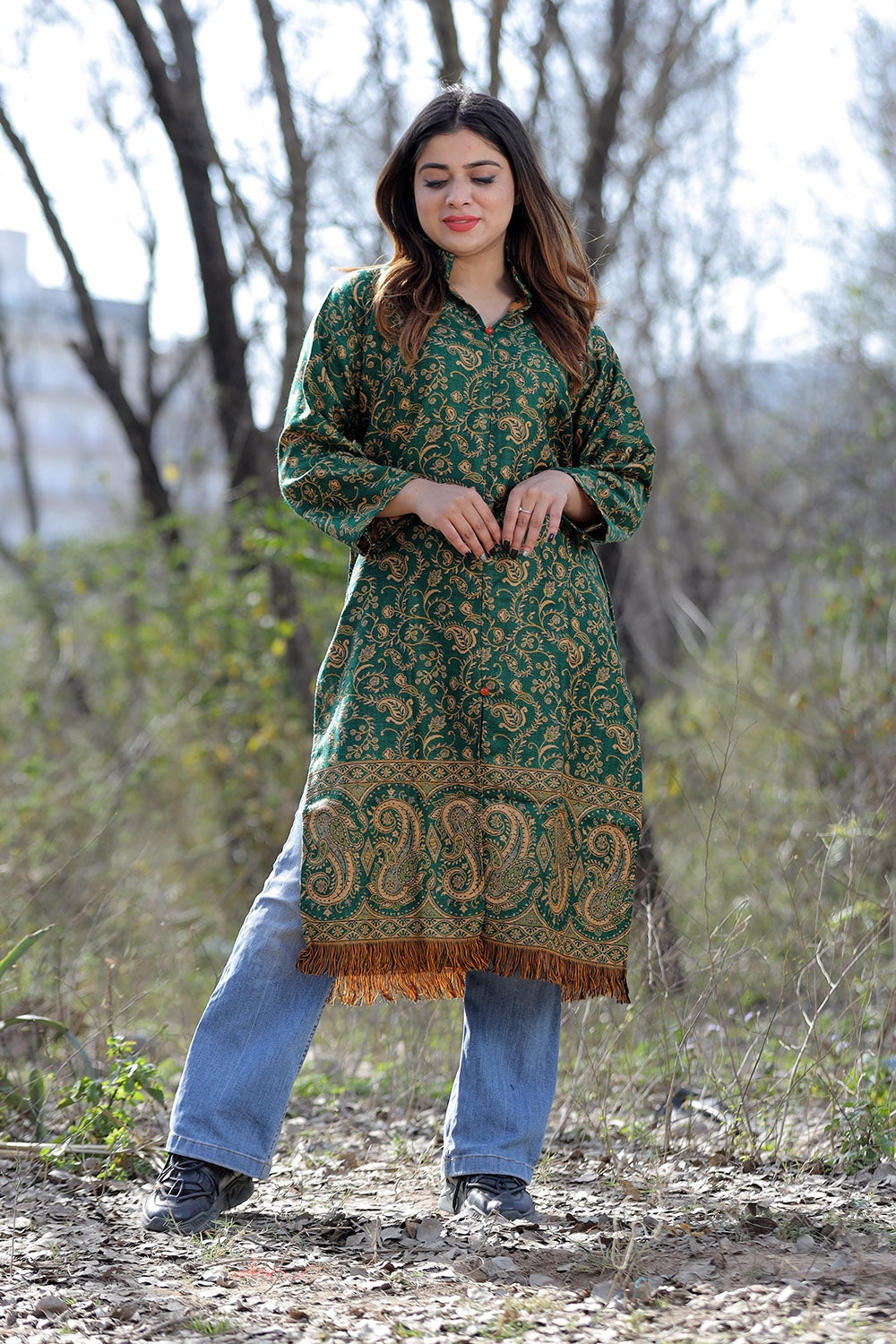 Green Color Kashmiri Woven Sherwani With Paisleys Pattern