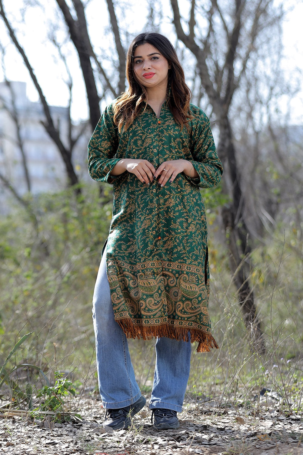 Green Color Kashmiri Woven Sherwani Kurti With Paisleys