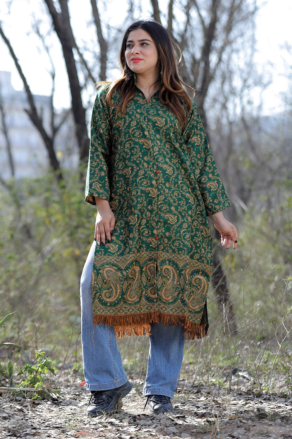 Green Color Kashmiri Woven Sherwani With Paisleys Pattern