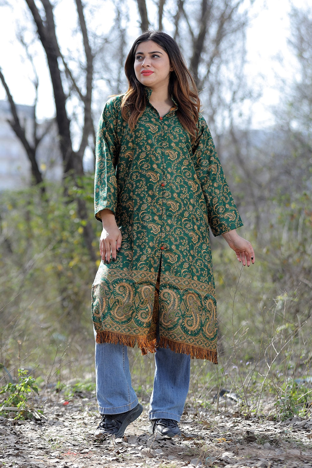 Green Color Kashmiri Woven Sherwani With Paisleys Pattern