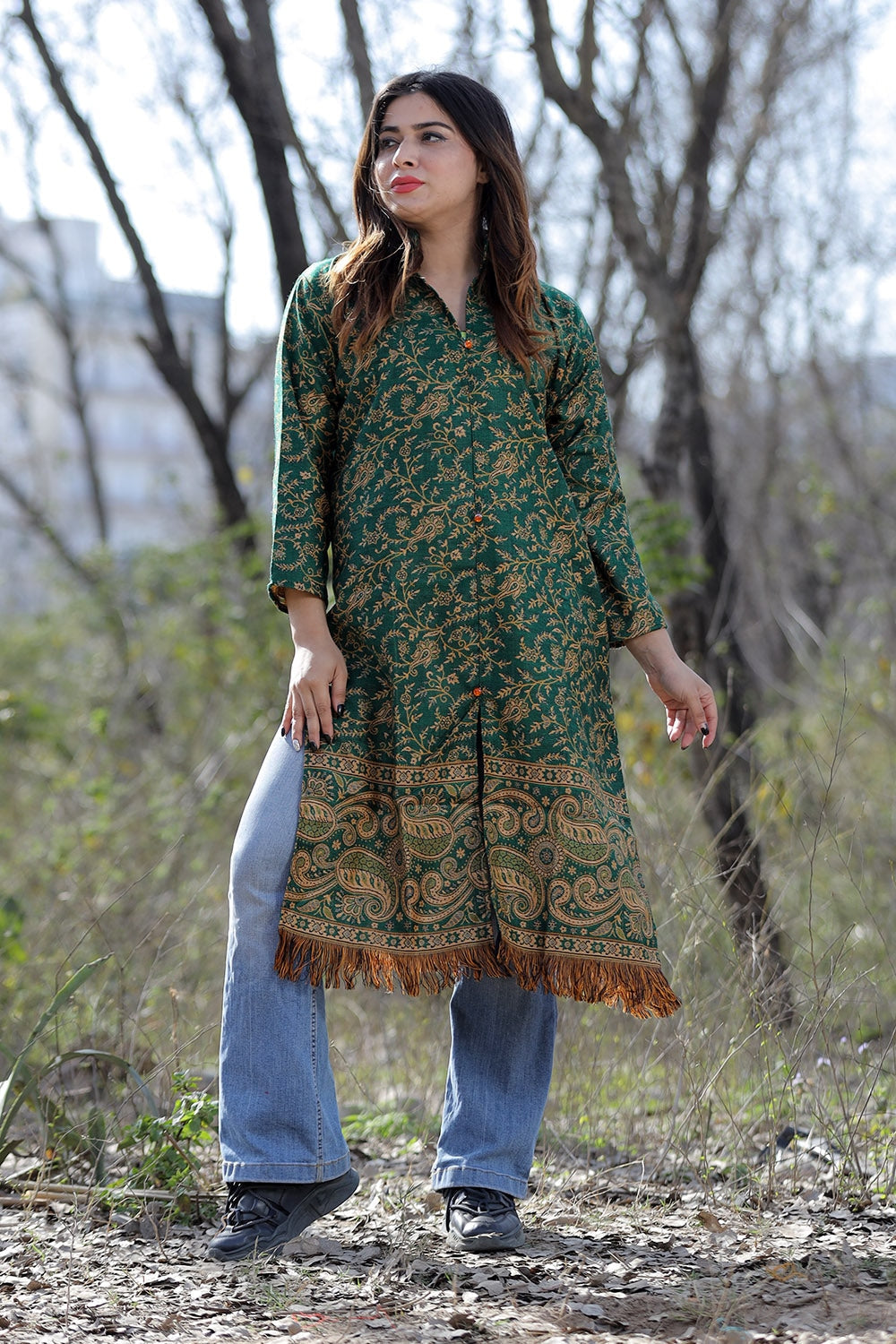 Green Color Kashmiri Woven Sherwani Kurti With Paisleys