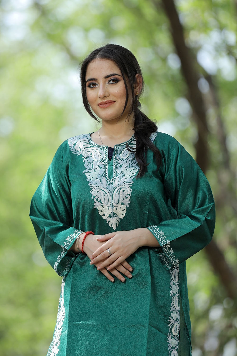 Green Colour Rayon Silk Kurti With Beautiful Aari