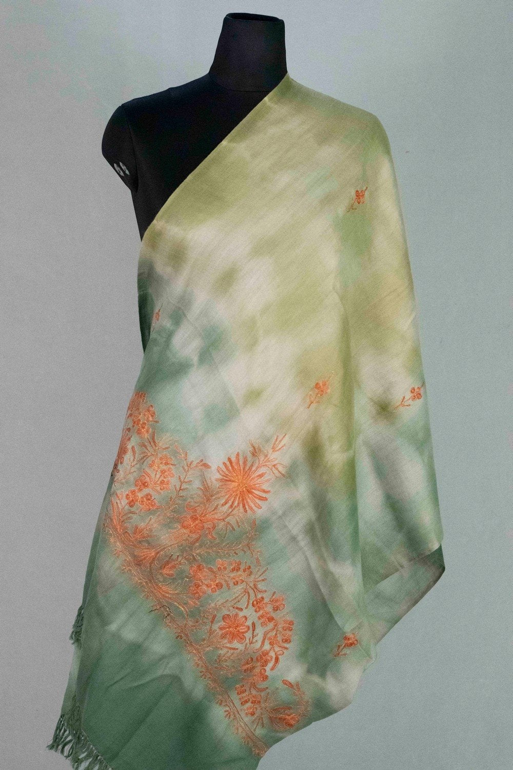 Green Colour Tye Dye Stole With kashmiri Embroidery