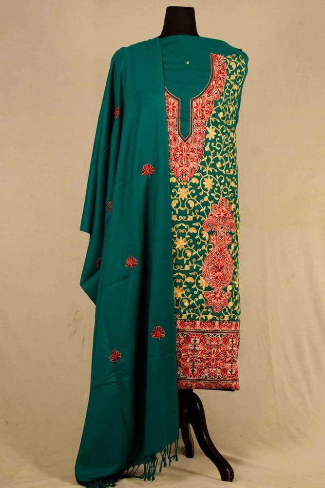 Green Colour Wool Aari Work Suit With Stole Crafted
