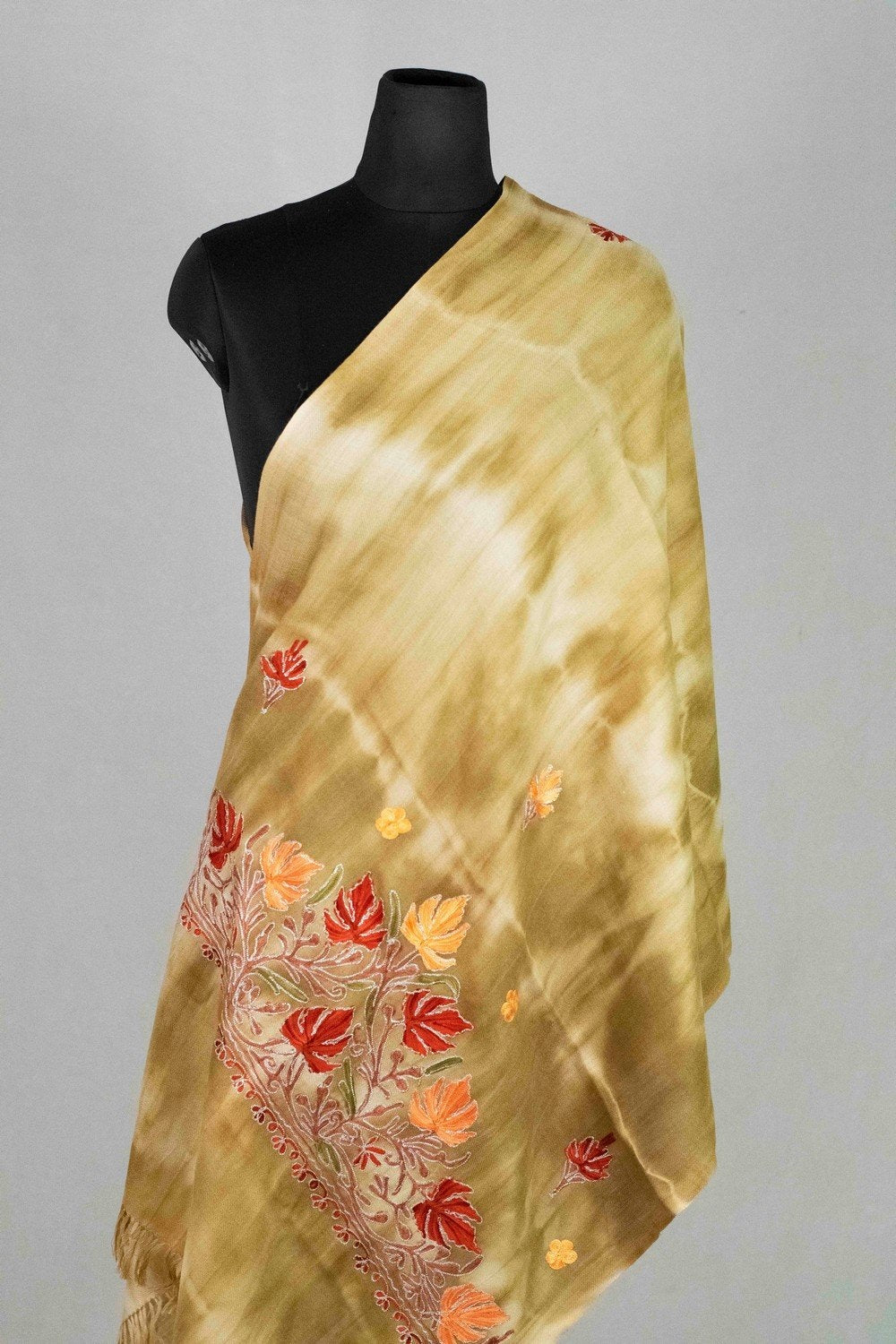 Green Olive Colour Tye Dye Stole With kashmiri Embroidery