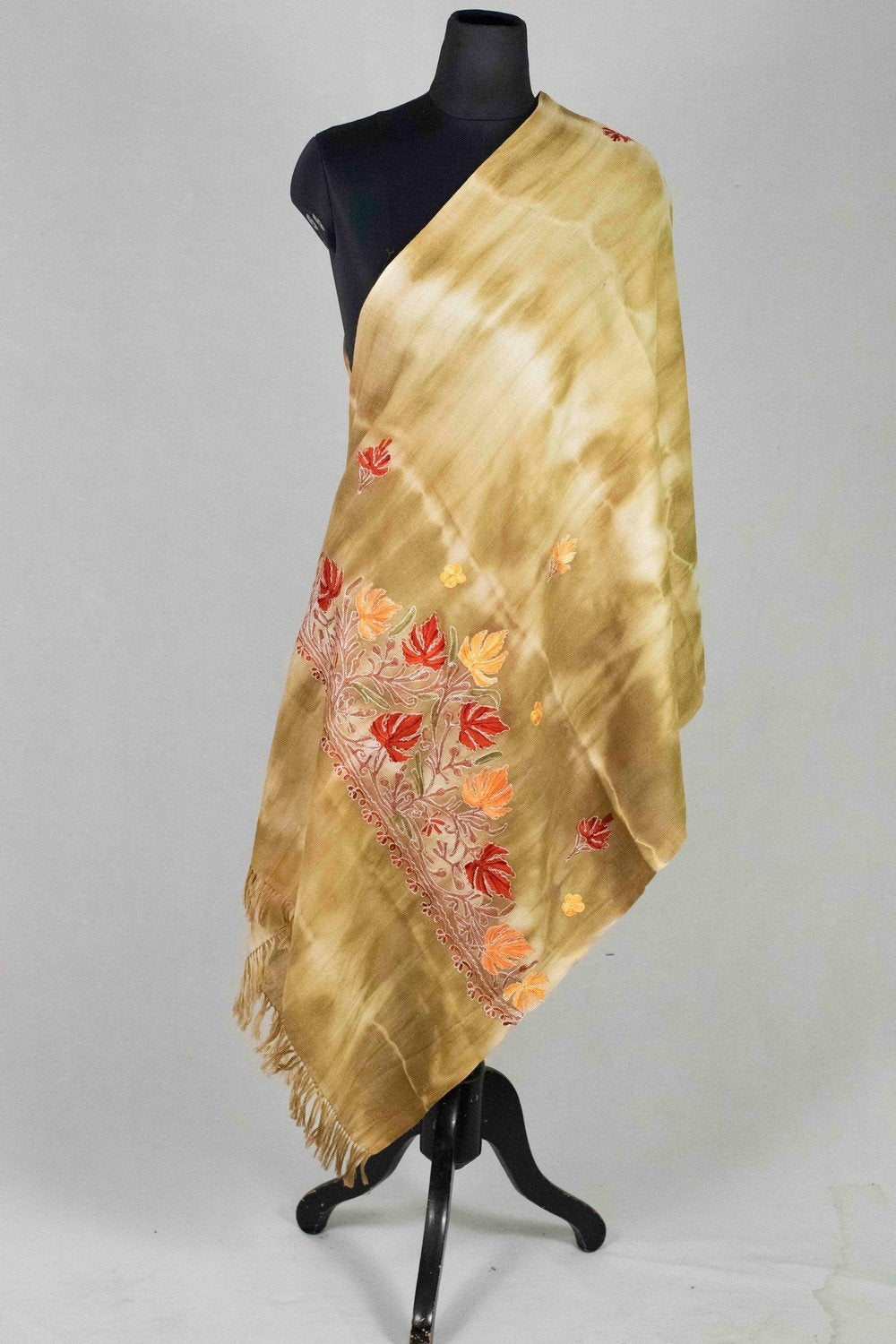 Green Olive Colour Tye Dye Stole With kashmiri Embroidery
