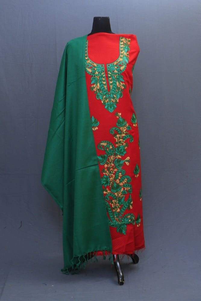 Green And Red Color Suit Having Aari Embroidery On Neck