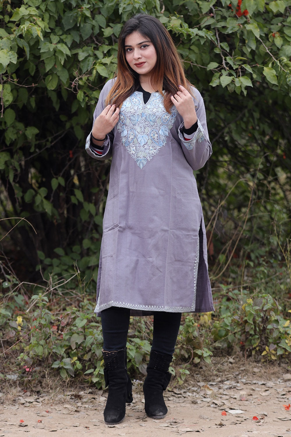 Grey Color Aari Work Embroidered Kurti With New Designer