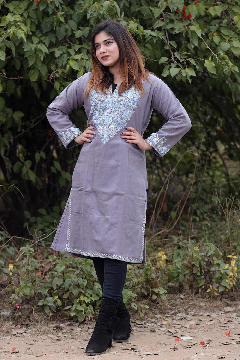 Grey Color Aari Work Embroidered Kurti With New Designer