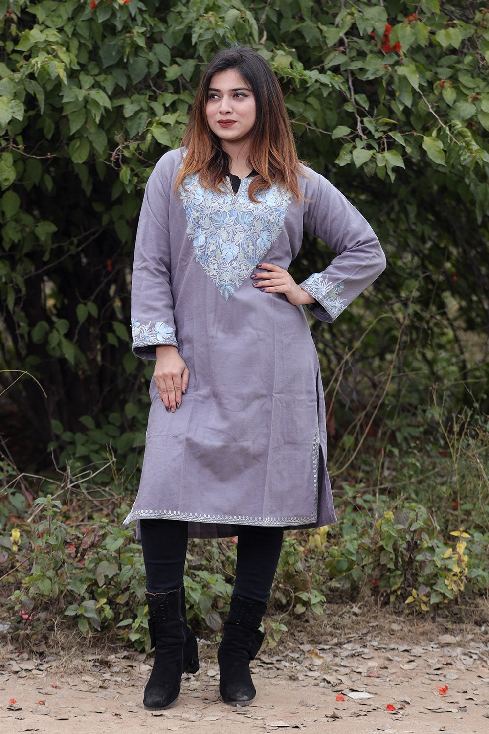 Grey Color Aari Work Embroidered Kurti With New Designer