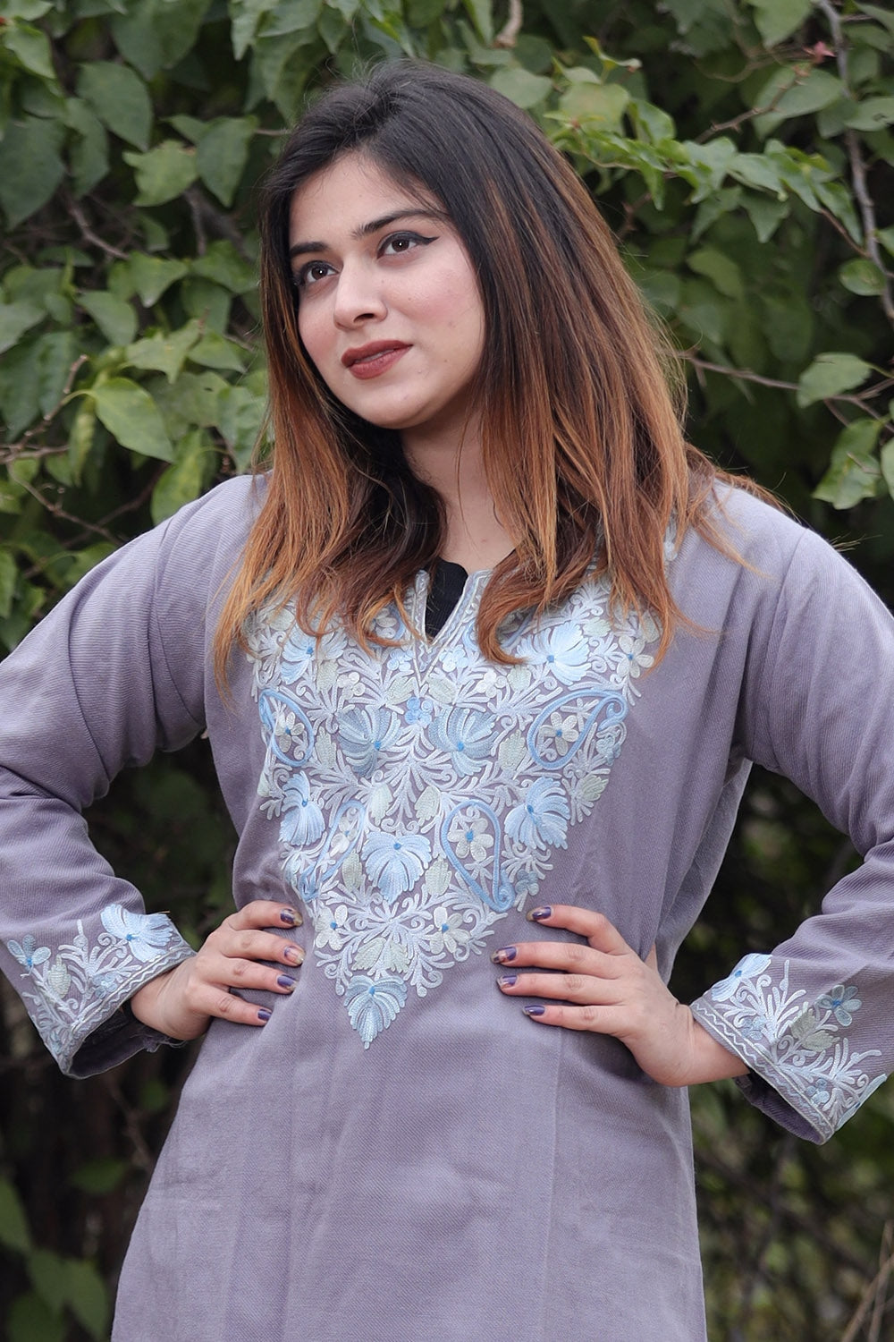 Grey Color Aari Work Embroidered Kurti With New Designer