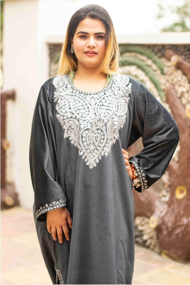 Grey Color Aari Work Embroidered Velvet Phiran Enriched