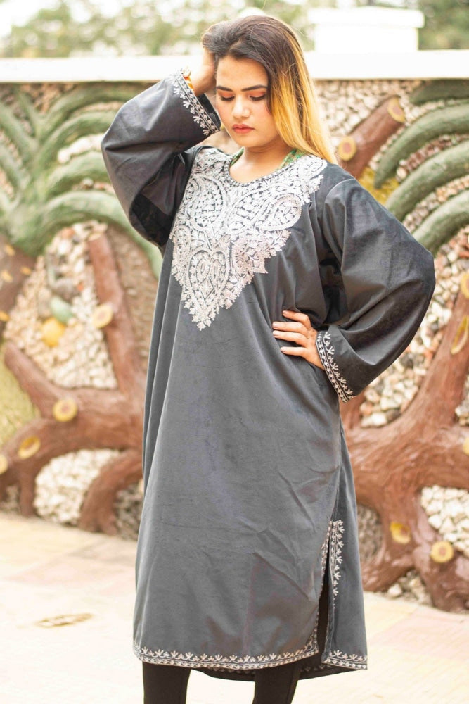 Grey Color Aari Work Embroidered Velvet Phiran Enriched