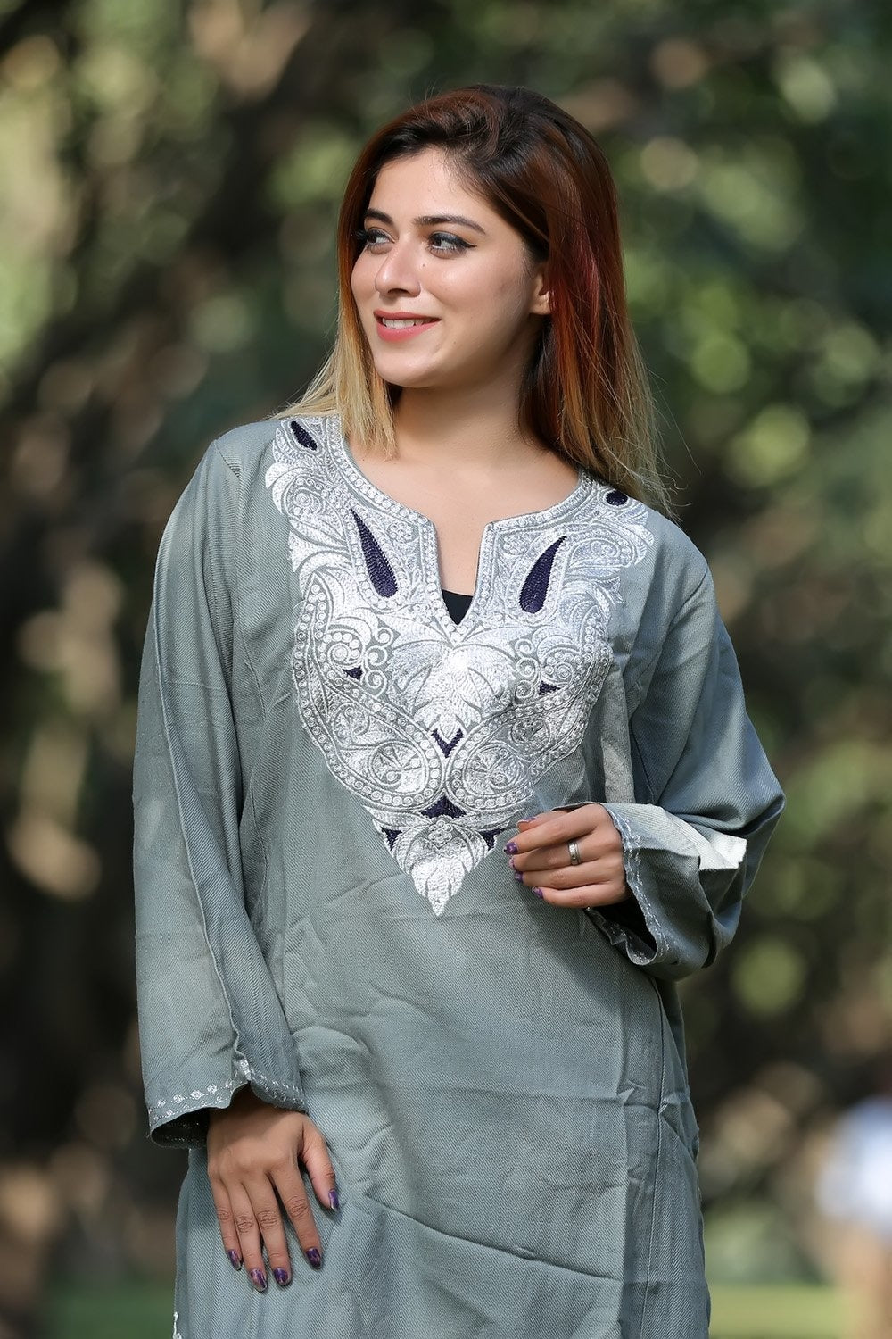 Grey Color Kashmiri Work Embroidered Phiran Enriched