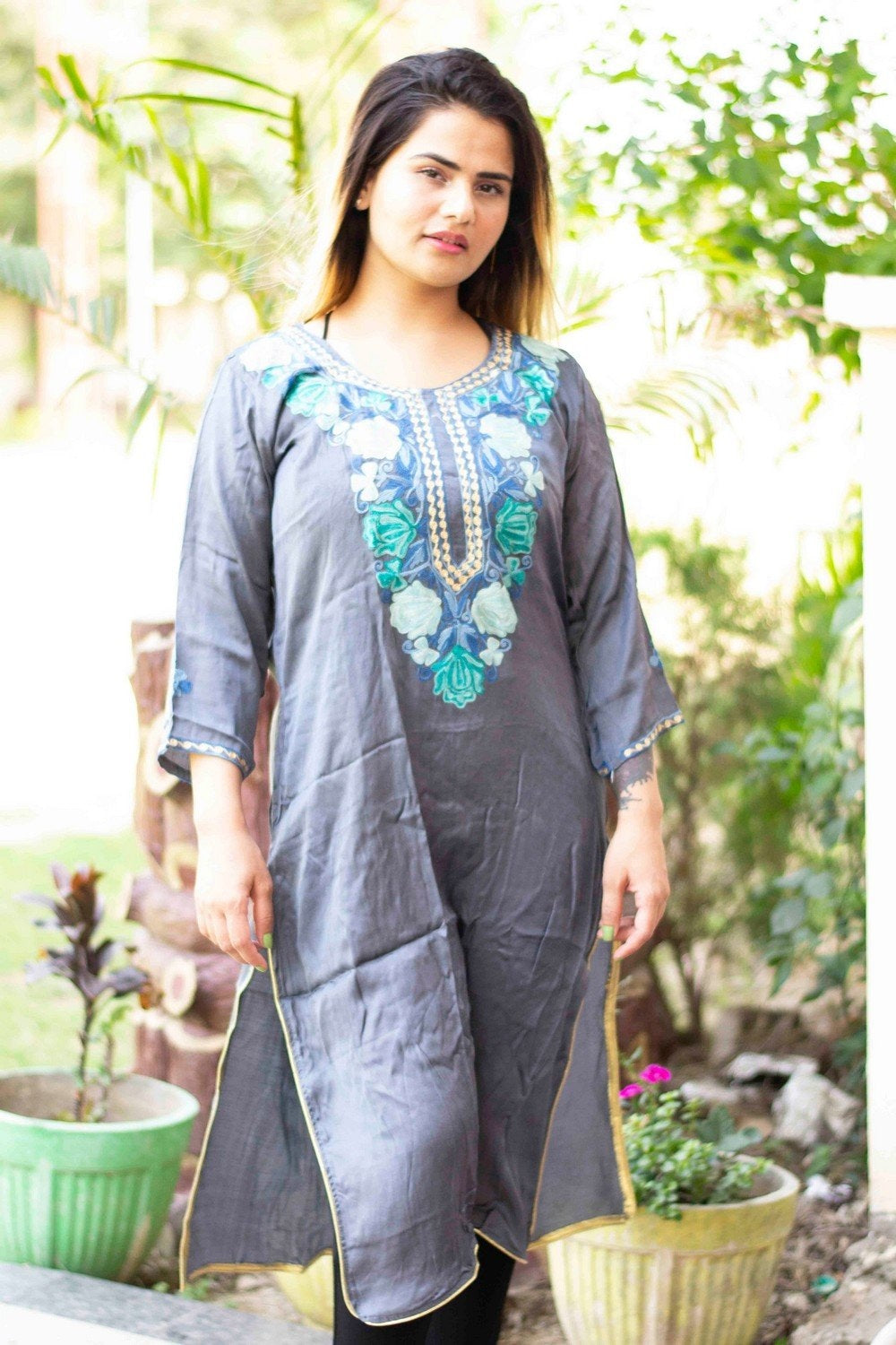 Grey Colour Cotton Kurti With Beautiful Aari Embroidery