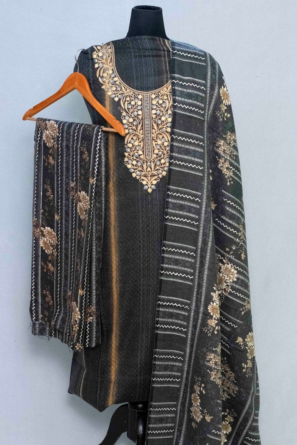 Grey Colour Woolen Kani Printed Suit With Neck And Over All