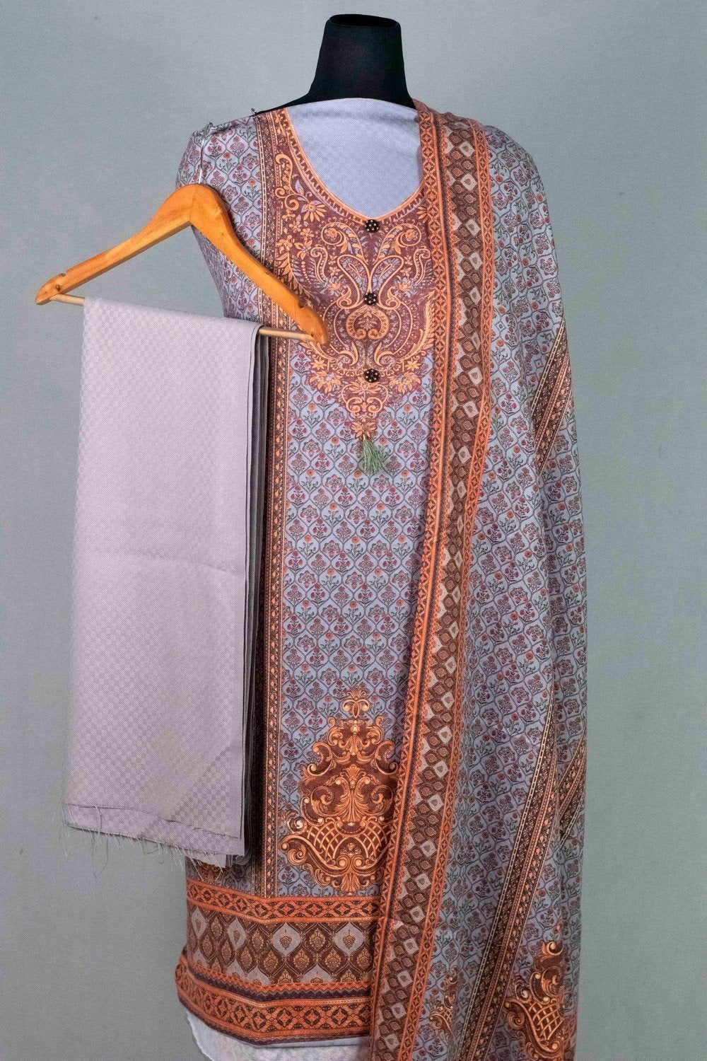 Grey Colour Woolen Kani Printed Suit With Neck And OverAll