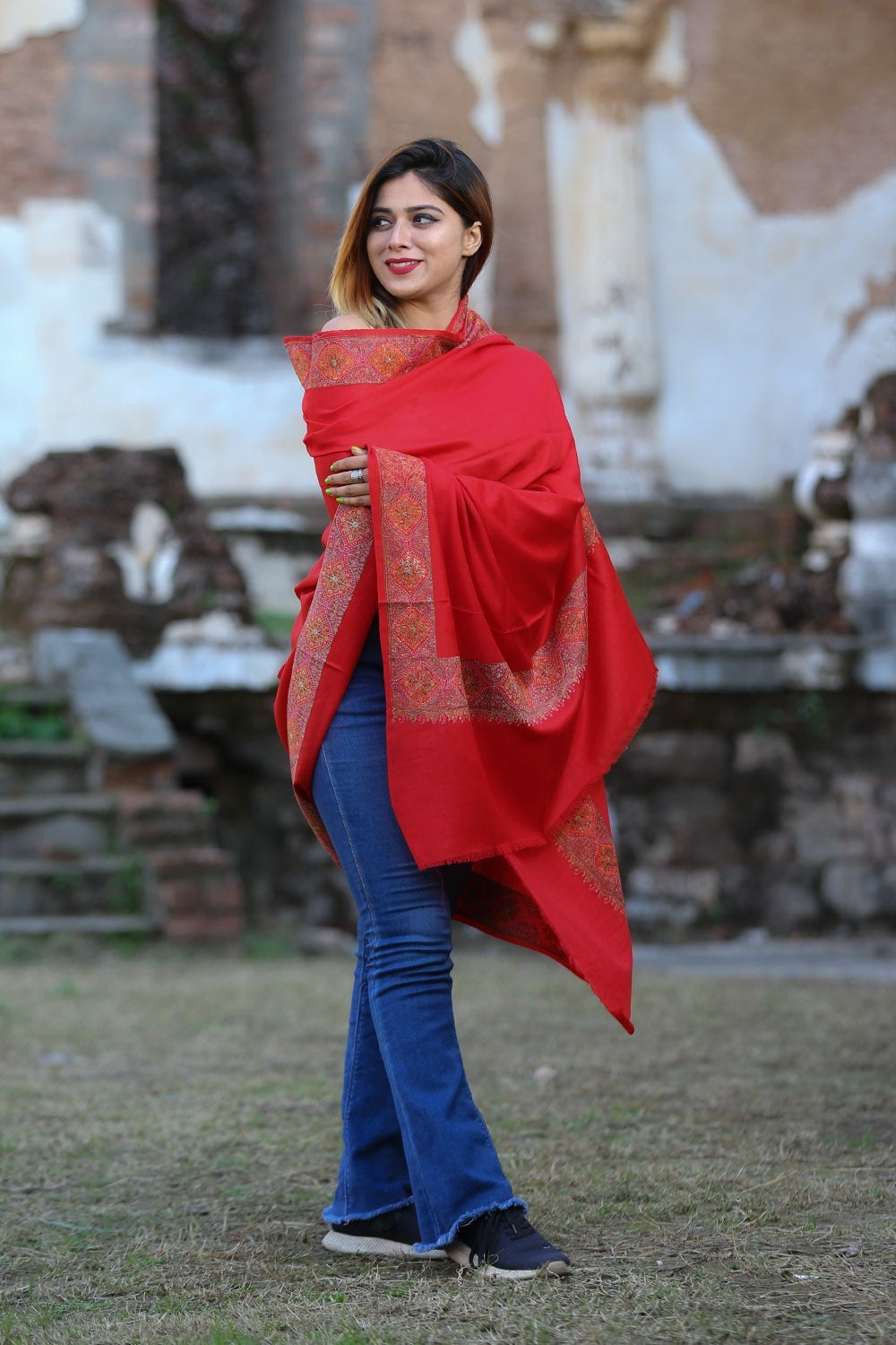 Hot Red Colour Kashmiri Sozni Shawl Emblished With Designer
