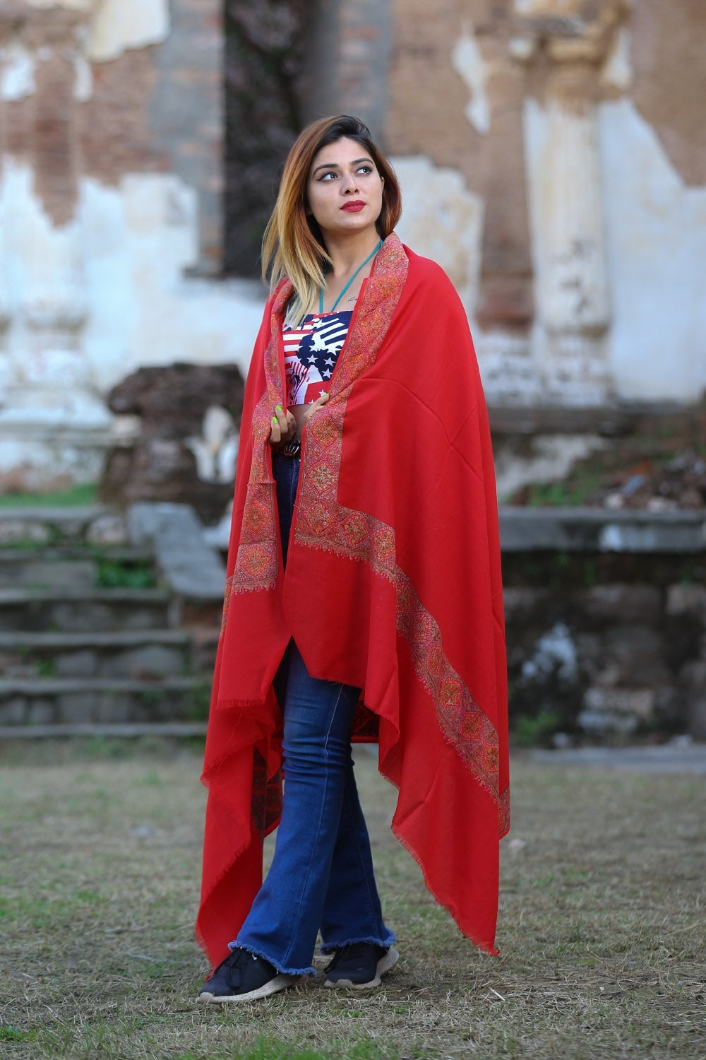 Hot Red Colour Kashmiri Sozni Shawl Emblished With Designer