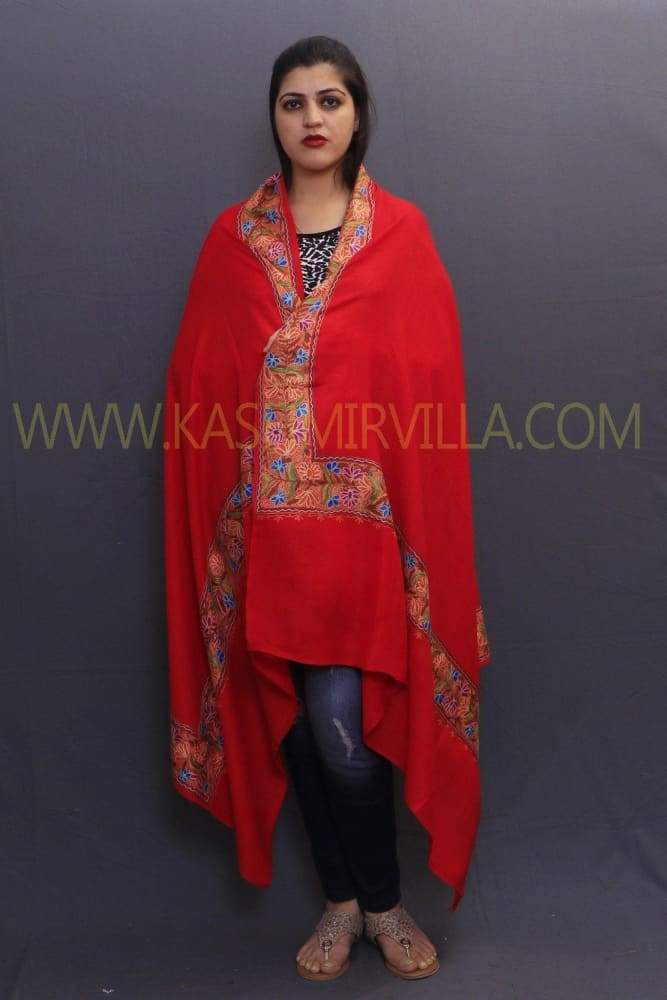 Hot Red Colour Sozni Shawl With Four Sided Border Is Perfect